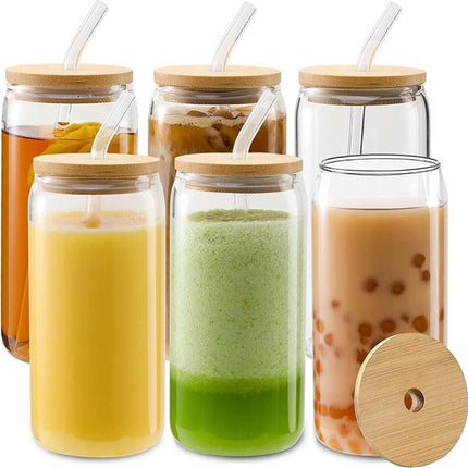 Drinkglazen met deksel en rietje, set van 6 500 ml iced coffee glas blikvorm, Bear Can cocktailglazen, blikvormige glazen bekers, beerglazen, ideal for water, cocktail, whisky, frisdrank, cadeau