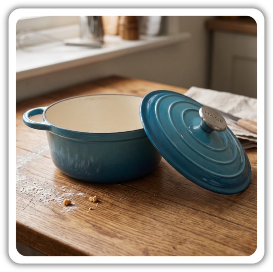 Hage gietijzeren braadpan 26 cm, 5 liter, azuurblauw, geëmailleerd, met deksel