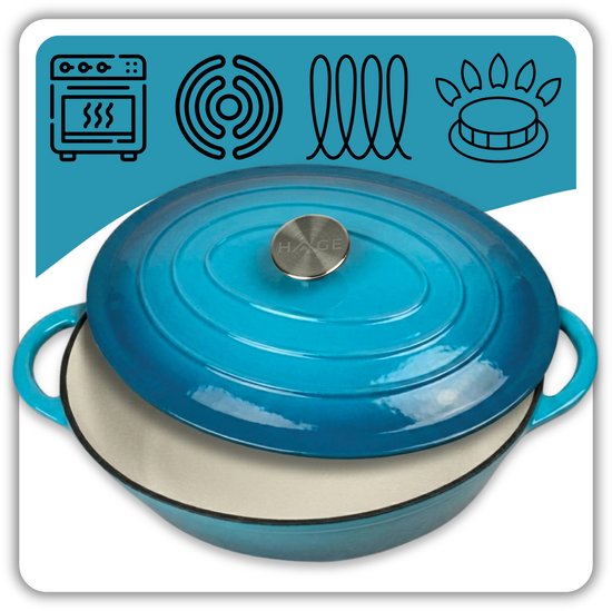 Hage gietijzeren braadpan met deksel, 6 liter, azuurblauw emaille