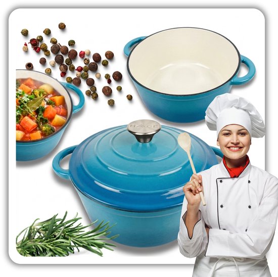 Hage gietijzeren kookpan 22 cm met deksel, 3 liter, geëmailleerd, azuurblauw