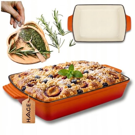 Hage - Gietijzeren Ovenschaal - Ovenschaal - Geëmailleerde Bakvorm - Voor Ovengerechten, Vlees, Taart en Ovenschotels - 3. 5 Liters - 32 x 23,5 x 6 cm - Oranje