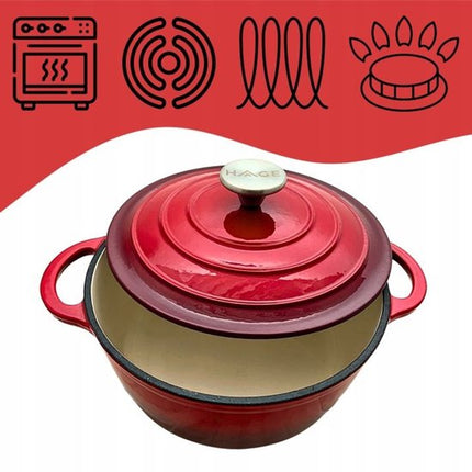Hage - Braadpan - Geëmailleerde Gietijzeren Braadpan - Casserole - Geschikt voor Inductie, Gas & Oven - Inclusief Pannenonderzetter & Handgreepbeschermers - 5 Liter - Ø26 x 18 cm - Rood