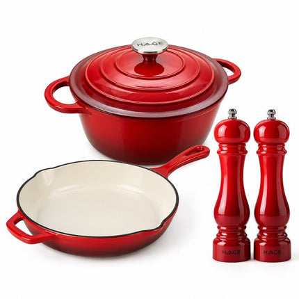 Hage - Rode Keukenset 4-Delig - Zout- & Pepermolens 22 cm met Keramische Maalschijven - Geëmailleerde Gietijzeren Koekenpan 20 cm - Braadpan 5L met Deksel 26 cm - Inductie, Gas & Oven - Voor Koken & Kruiden