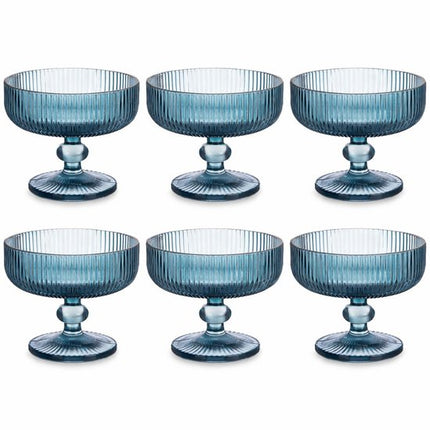 Glazen ijsbekers 310 ml op voet – Glazen dessert coupes - donkerblauw gestreept – set van 6 dessertglazen