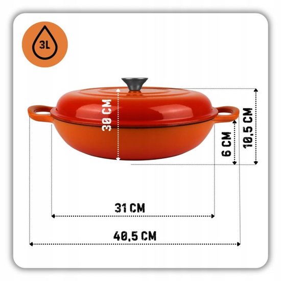 Hage - Braadpan - Lage Gietijzeren Braadpan met Deksel - Geëmailleerd - Oven & Inductie Geschikt - Voor Braden, Stoven en Ovenschotels - 3 Liters - 40,5 x 30 x 10,5 cm - Oranje