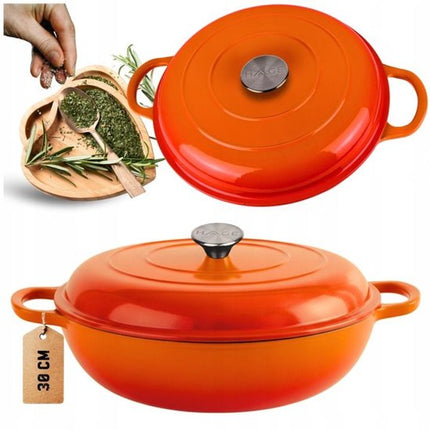 Hage - Braadpan - Lage Gietijzeren Braadpan met Deksel - Geëmailleerd - Oven & Inductie Geschikt - Voor Braden, Stoven en Ovenschotels - 3 Liters - 40.5 x 30 x 10.5 cm - Oranje