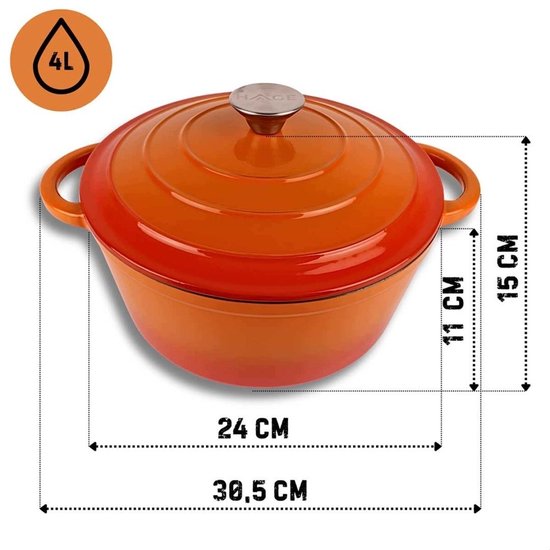 Hage - Kochtopf - Gusseisentopf mit Deckel - Emailliert - Induktions- & Ofengeeignet - Inklusive Mini-Ofenhandschuhen & Untersetzer - Zum Braten, Schmoren, für Suppen & Brot - 4 Liter - Ø24 cm - Orange