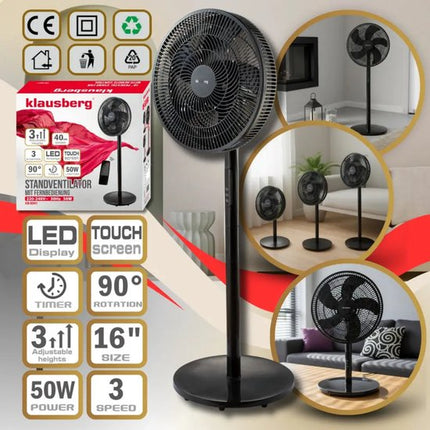 Klausberg - Staande Ventilator - Vloerventilator met Afstandsbediening - Timer - LED Display 50W - Stille Ventilator met Oscillatie 90° - 3 Standen - Verstelbare Hoogte Ventilator - Ø40cm - Zwart