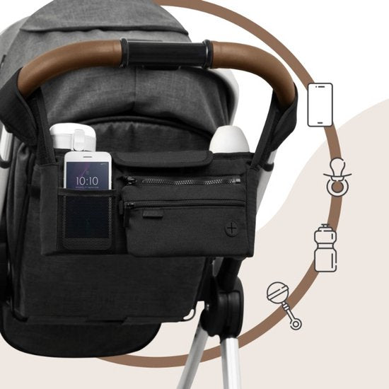 Sipo - Kinderwagen-Organizer - Kinderwagen-Zubehör - Universelle Kinderwagentasche - Multifunktionale Organizer-Tasche für den Kinderwagen mit Fächern & Becherhaltern - Umhängetasche & Aufbewahrungstasche - Wasserabweisend - 34 x 14 x 10 cm - Schwarz