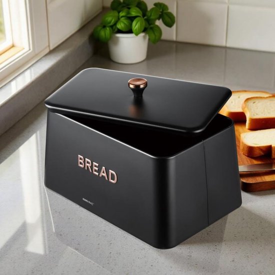 KINGHOFF Brotkasten - Brotdose Metall - Matt Schwarz - 35x23x21 cm - Lüftungslöcher - Hygienisch & Leicht zu Reinigen - Brotbehälter
