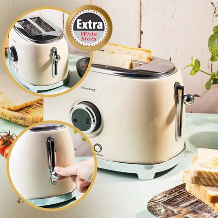 Klausberg - Broodrooster - Keuken Toaster - Toaster met LED Display en 6 Standen - Brede Sleuven Broodrooster - 2 Sneden - Retro Design - Ontdooifunctie & Opwarmfunctie - 850W - ca. 28.5 x 18.5 x 20 cm - Beige