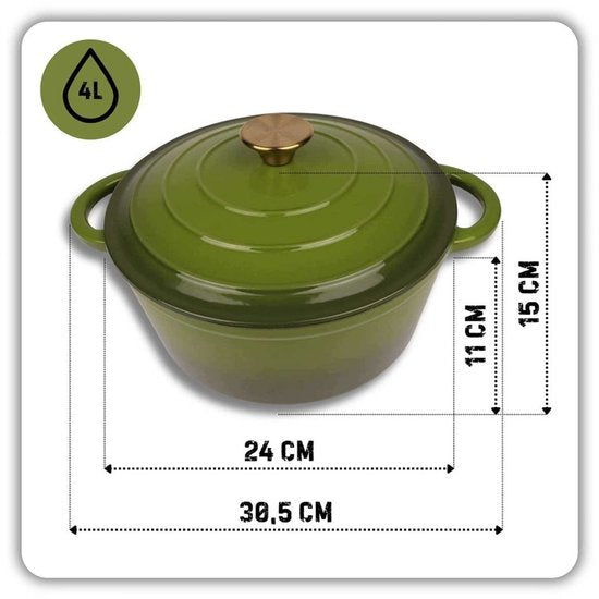 Hage - Kookpan - Gietijzeren Pot met Deksel - Geëmailleerd - Inductie & Oven Geschikt - Inclusief Mini Ovenhandschoenen & Onderzetter - Voor Braden, Stoven, Soep & Brood - 4 Liters - Ø24 cm - Olijfgroen