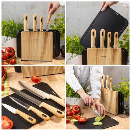 Klausberg - Messenset - 8 Delig - Keukenmessenset - Messenblok met 4 RVS Messen - 3 Snijplanken - Keuken Accessoires met Snijplanken en Houder - Zwart en Natuurlijke Kleur