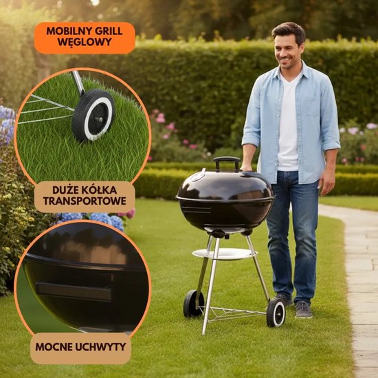 Barbecue boule Kinghoff avec couvercle et roulettes – Ø43 cm – Noir