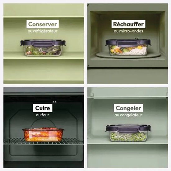 Ensemble de 4 récipients de conservation en verre - Boîtes de préparation de repas - Lunchbox en verre avec couvercle - 2 x 0,5 L & 2 x 1,3 L