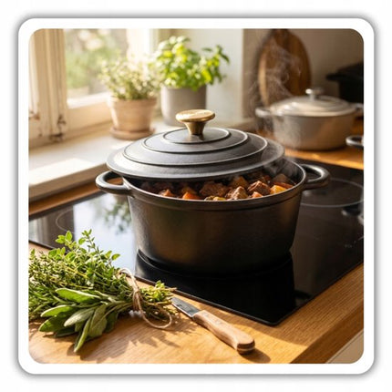 Hage - Geëmailleerde Gietijzeren Stoofpan - Braadpan met Deksel - Geschikt voor Inductie, Gas & Oven - Kookpot voor Braden, Stoven en Bakken - Inclusief Pannenhouder & Handbeschermers - 4L - Ø24 cm - Mat Zwart