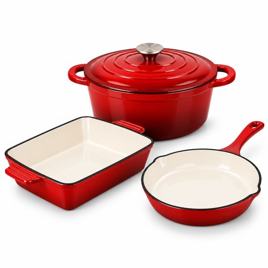 Hage - 3-Delig Keukenset - Braadschaal Gietijzer - Ovenschotel 3,5 L - Geëmailleerde Bakvorm voor Oven - Rechthoekige Vlees- en Gebakschaal - Stevige Ovenvorm met Handgrepen - Warmtebehoudend - Rood