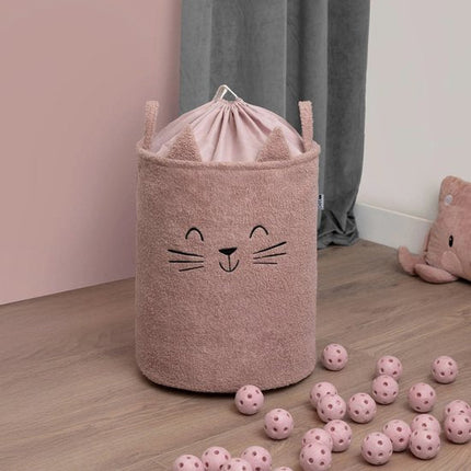 SIPO Grote Opbergmand voor Speelgoed - XL Formaat 43 Liter - Roze Boucle Stoffen Kitten Print - met Trekkoord - 45x43x5cm