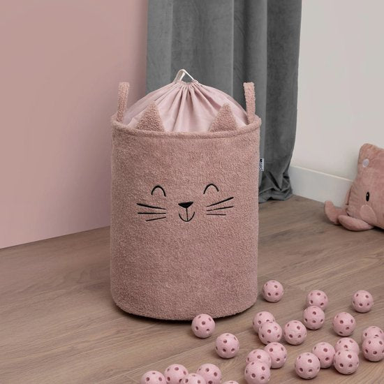 SIPO Grote Opbergmand voor Speelgoed - XL Formaat 43 Liter - Roze Boucle Stoffen Kitten Print - met Trekkoord - 45x43x5cm