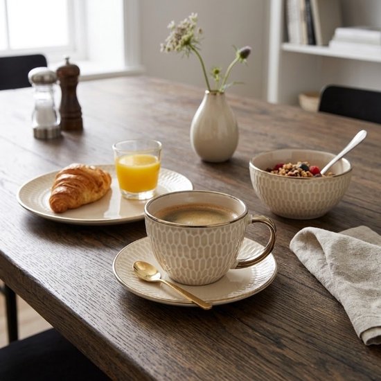 Ontbijtmok met oor, set van 6 – aardewerk, 420 ml, beige – foto 3