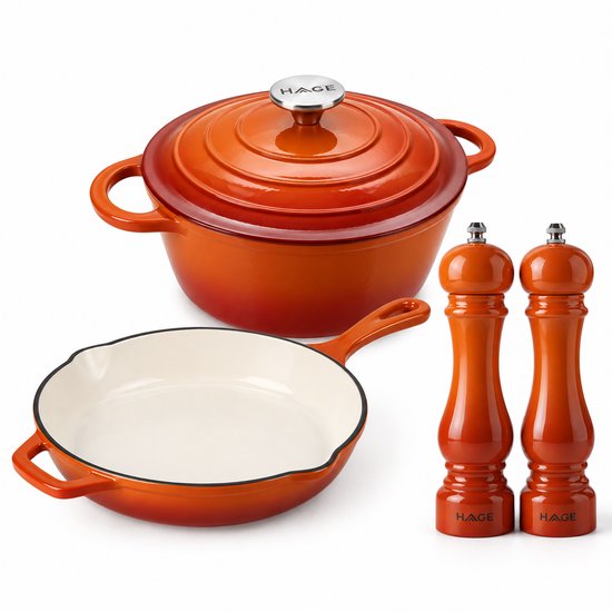 Hage - 4-Delig Gietijzeren Keukenset - Braadpan 5L 26 cm met Deksel & Koekenpan 20 cm - 2 Zout- en Pepermolens 100 ml - Geëmailleerd - Inductie, Gas & Oven - Keramische Maalschijven - Oranje