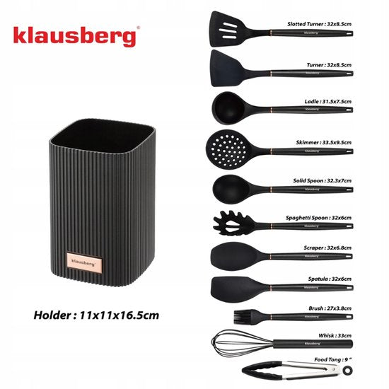 Klausberg Küchenutensilien-Set 12-teilig mit Ständer – Silikon-Küchenutensilien – Hitzebeständig 220°C – Schwarz
