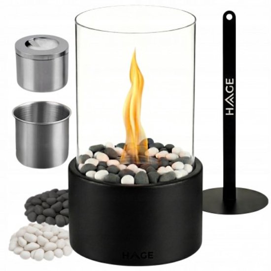 Hage - Bio-Ethanol Tafelhaard - Rookvrije Biohaard - Vrijstaand – Voor Binnen & Buiten - Terras, Balkon & Tuin - Borosilicaatglas - Staal - 27 x 16,5 cm - Zwart