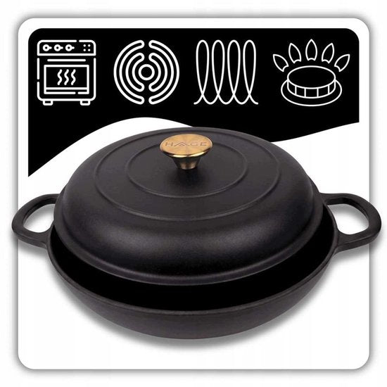 Hage Lage Gietijzeren Braadpan met Deksel – 3 L – Mat Zwart