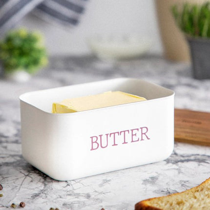 HOMLA - Avila Botervloot - Boterdoos - Moderne Boterschaal met Deksel - Butter Dish voor Koelkast & Tafel - Metaal en Acacia Hout - 15 x 10 x 7 cm - Wit & Hout