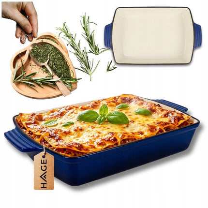 Hage - Gietijzeren Ovenschaal - Ovenschaal - Geëmailleerde Bakvorm - Voor Ovengerechten, Vlees, Taart en Ovenschotels - 3.5 Liters - 32 x 23.5 x 6 cm - Blauw
