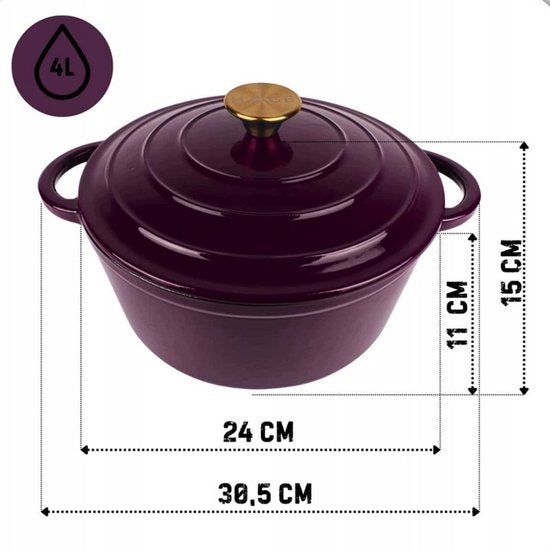Hage - Kochtopf - Gusseisentopf mit Deckel - Emailliert - Induktions- & Ofengeeignet - Inklusive Mini-Ofenhandschuhen & Untersetzer - Zum Braten, Schmoren, für Suppen & Brot - 4 Liter - Ø 24 cm - Auberginenviolett