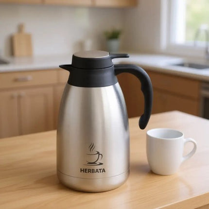 Kinghoff - KH-2095 - Dubbelwandig Thermoskan - Thermosfles - Thermoskan met Schenksysteem - Met Thee Label - Voor Kantoor, Catering & Thuis - 2 Liters - RVS - Zwart & Zilver