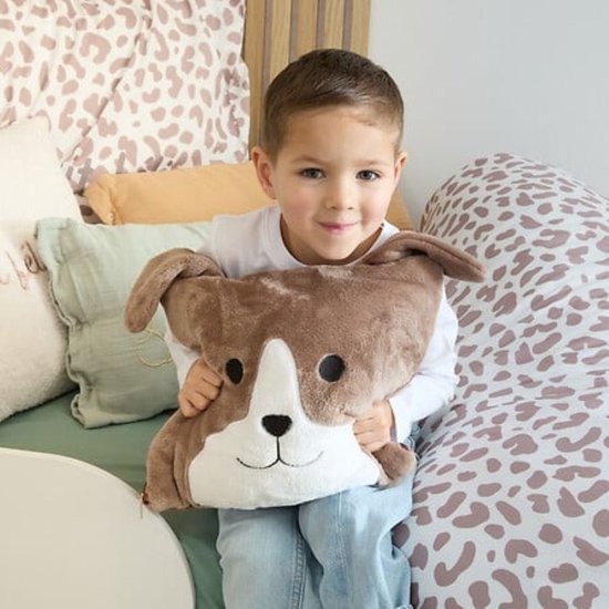 2-in-1 Kuschelkissen und Decke – Mit Reißverschluss – Decke & Kissen – Für Kinder – Hunde-Design – Polyester – 150 x 100 cm – Braun