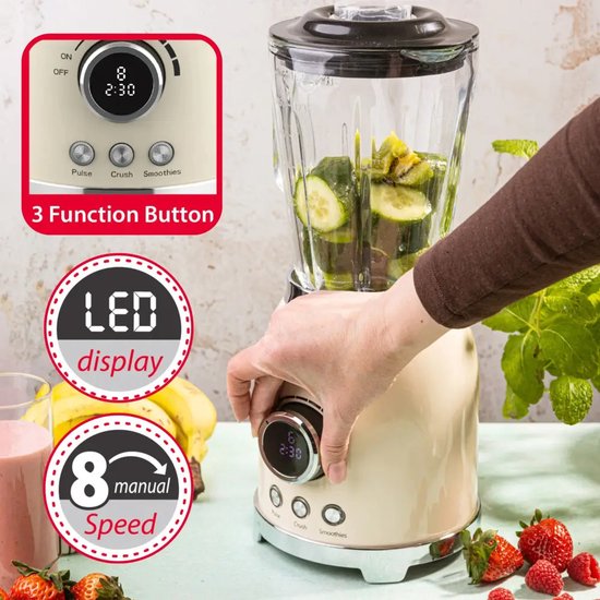 Klausberg glazen blender met ijscrusher – smoothie maker 1,5 L, 600 W, crème – foto 3