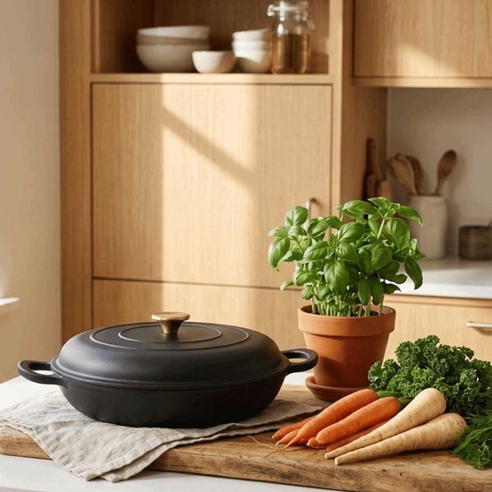 Hage Lage Gietijzeren Braadpan met Deksel – 3 L – Mat Zwart