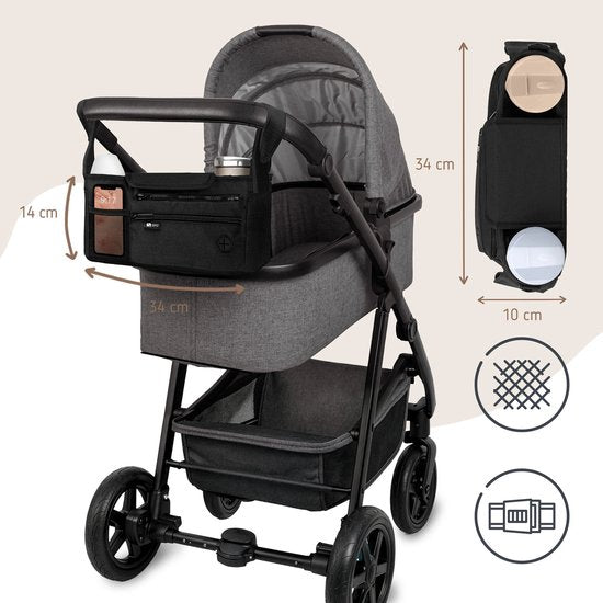 Sipo - Kinderwagen-Organizer - Kinderwagen-Zubehör - Universelle Kinderwagentasche - Multifunktionale Organizer-Tasche für den Kinderwagen mit Fächern & Becherhaltern - Umhängetasche & Aufbewahrungstasche - Wasserabweisend - 34 x 14 x 10 cm - Schwarz