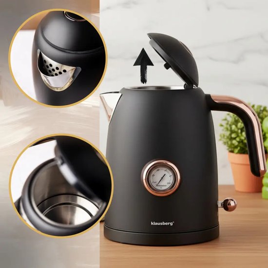Klausberg - Waterkoker - Retro Waterkoker - Elektrische Waterkoker met Thermometer - Design Waterkoker met Rose Gold - Grote Waterkoker Keuken - Thee & Koffie Koker - 1.7L - RVS - 2200W - Zwart