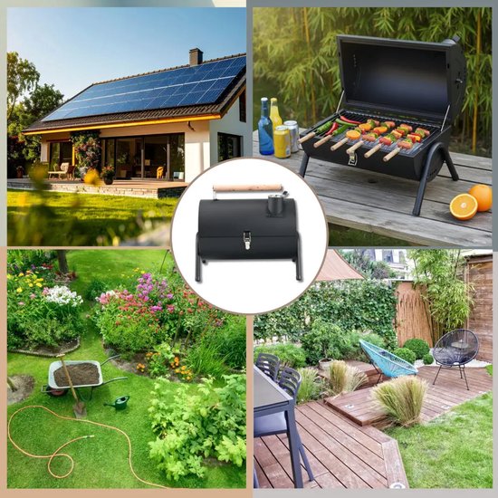 KINGHoff Grill - Draagbare Houtskoolbarbecue Grill - Camping BBQ met Deksel - Opvouwbare Tafelgrill - Reis BBQ met Ventilatie - Compacte Barbecue voor Balkon & Camping - Gepoedercoat Staal - ca. 41 x 25 x 38 cm - Zwart