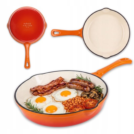 Hage - Koekenpan - Geëmailleerde Gietijzeren Koekenpan - Cast Iron Frying Pan - Geschikt voor Inductie, Gas & Oven - Ø20 x 4.5 cm - Oranje