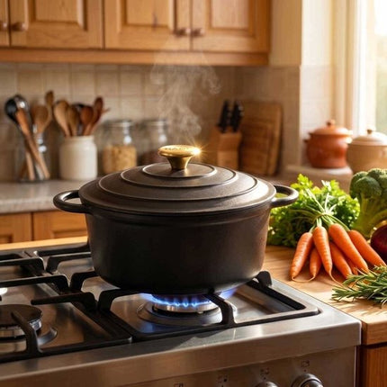 Hage - Kookpan - Gietijzeren Pot met Deksel - Geëmailleerd - Inductie & Oven Geschikt - Inclusief Mini Ovenhandschoenen & Onderzetter - Voor Braden, Stoven, Soep & Brood - 5 Liters - Ø26 cm - Mat Zwart
