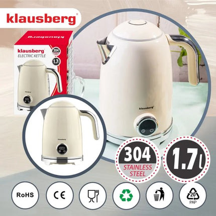 Klausberg - Waterkoker - Elektrische Waterkoker - Waterkoker - Thee Waterkoker met Thermometer - Warmhoudfunctie - RVS - 1.7L - 2200W - Beige