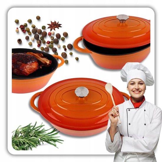 Hage - Bräter - Emaillierter gusseiserner Bräter mit Deckel - Ofen- & Induktionsgeeignet - Zum Braten, Schmoren und für Aufläufe - 6 Liter - 34 x 26 x 18 cm - Orange