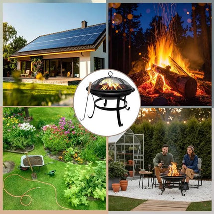 KINGHoff - Vuurkorf - Tuinhaard Buiten met Grill - Terras Vuurplaats met Vonkenscherm - Houtskool Vuurkorf Tuin - Inclusief Pook - Metaal - Ø54.5 x 53 cm - Zwart