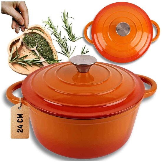 Hage - Kookpan - Gietijzeren Pot met Deksel - Geëmailleerd - Inductie & Oven Geschikt - Inclusief Mini Ovenhandschoenen & Onderzetter - Voor Braden, Stoven, Soep & Brood - 4 Liters - Ø24 cm - Oranje