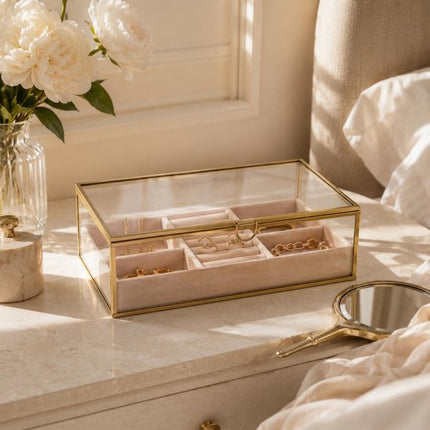 Atmosphera Sieradenkistje Classico - 24 x 14 x 7 cm - transparant/beige - Juwelenkistje met deksel - vakjes indeling - Luxe cadeau