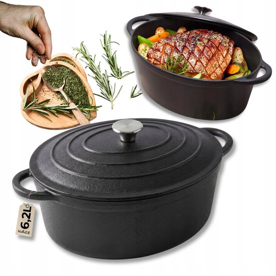 Hage - Bräter - Gusseiserner Bräter mit Deckel - Für Induktion, Gas, Backofen, Grill und Feuer - 6,2 Liter - 34 x 25 x 13,5 cm - Schwarz