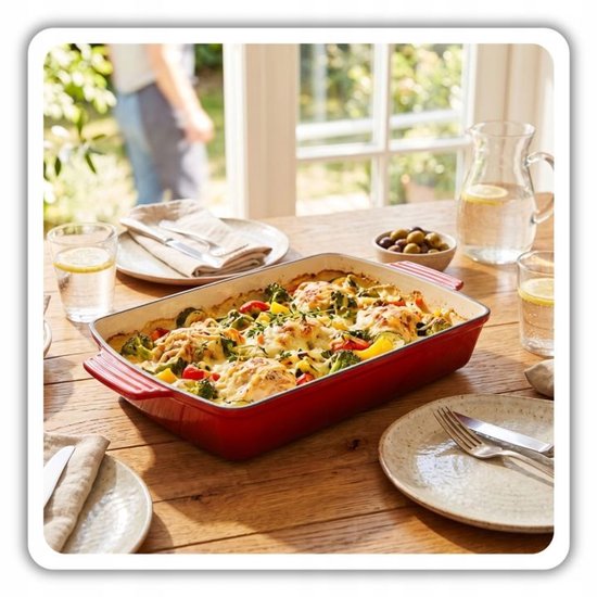 Hage - Gusseisen-Auflaufform - Auflaufform - Emaillierte Backform - Für Ofengerichte, Fleisch, Kuchen und Aufläufe - 3,5 Liter - 32 x 23,5 x 6 cm - Rot