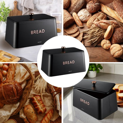 KINGHOFF Brotkasten - Brotdose Metall - Matt Schwarz - 35x23x21 cm - Lüftungslöcher - Hygienisch & Leicht zu Reinigen - Brotbehälter
