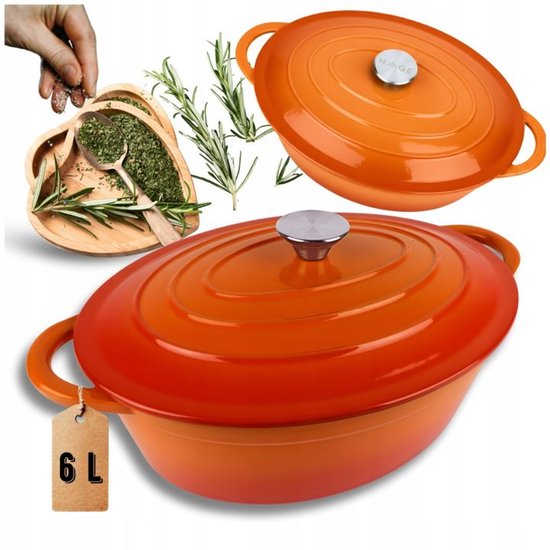 Hage - Bräter - Emaillierter gusseiserner Bräter mit Deckel - Ofen- & Induktionsgeeignet - Zum Braten, Schmoren und für Aufläufe - 6 Liter - 34 x 26 x 18 cm - Orange