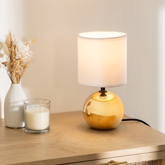 Timéo Bol Tafellamp - Keramische Lamp - Set van 2 - Moderne Tafellamp met Kabel - Sfeerverlichting voor Woonkamer - Slaapkamer - Bureau - 25cm in Hoogte - Goud